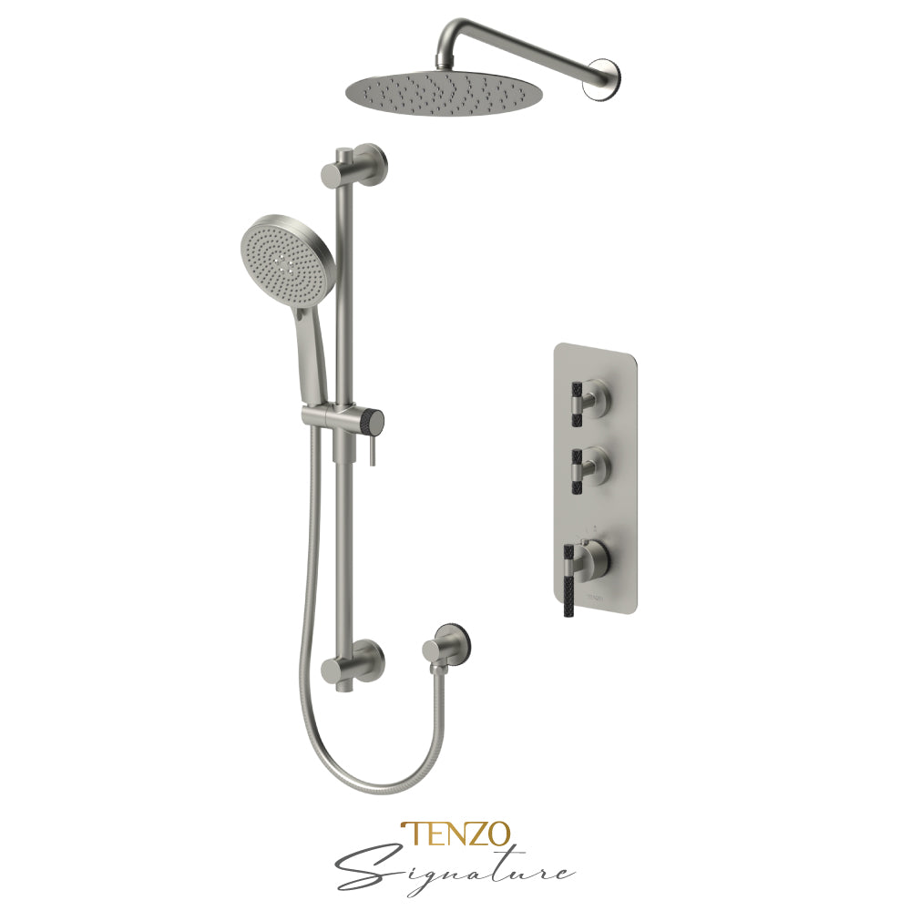 Tenzo Bellacio Extenza 2-Function Thermostatic Shower Kit, 10” AirBoost Rain Head, Larger Knurled - BET42-20111-C