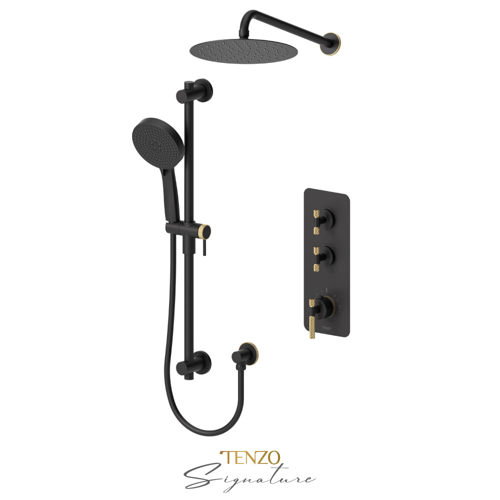 Tenzo Bellacio Extenza 2-Function Thermostatic Shower Kit, 10” AirBoost Rain Head, Larger Knurled - BET42-20111-C