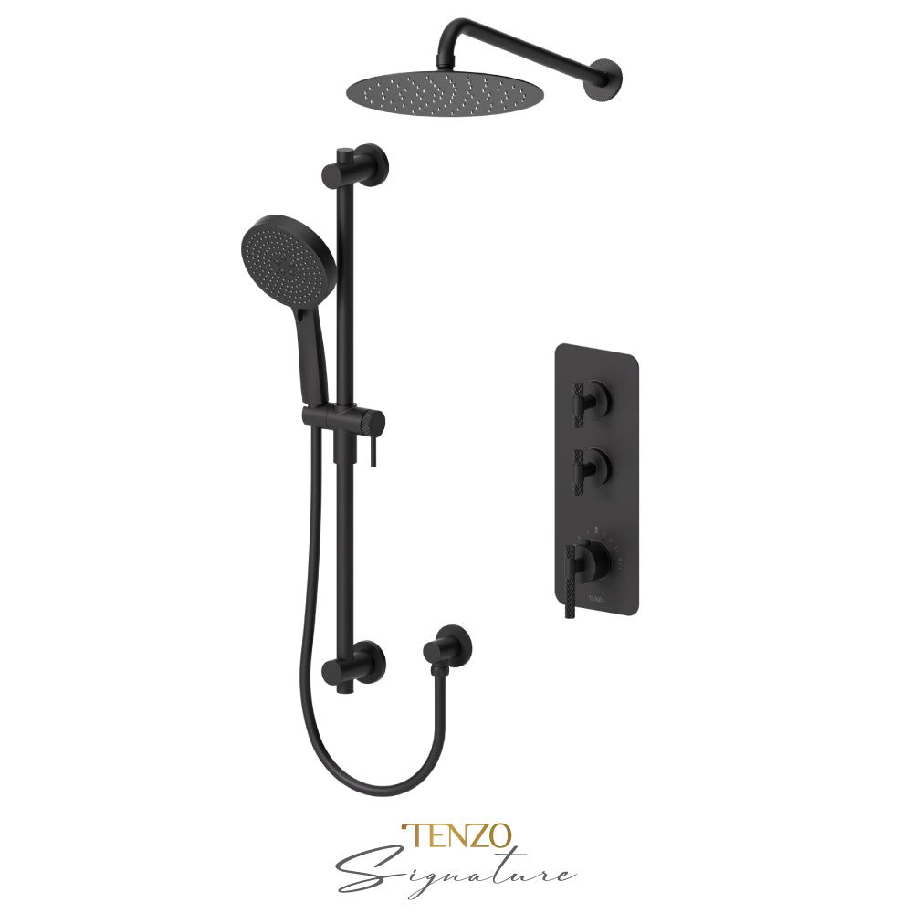 Tenzo Bellacio Extenza 2-Function Thermostatic Shower Kit, 10” AirBoost Rain Head, Larger Knurled - BET42-20111-C
