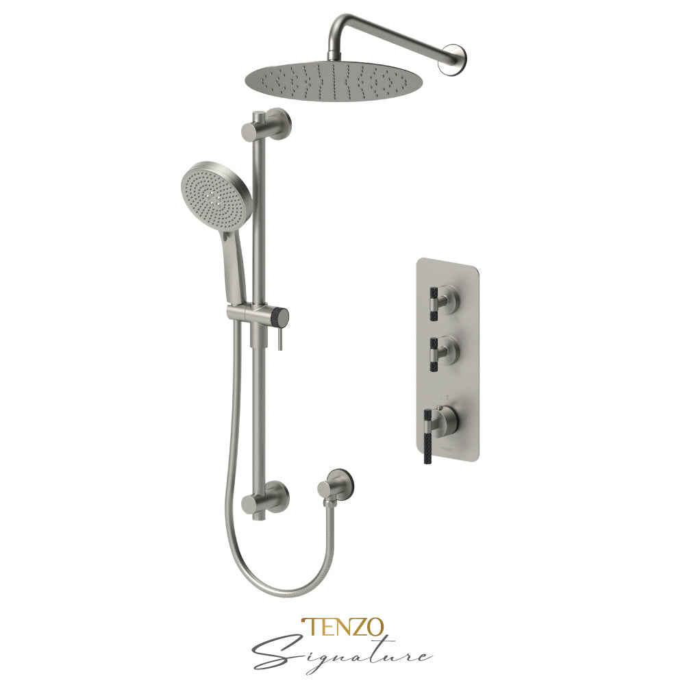 Tenzo Bellacio Extenza 2-Function Thermostatic Shower Kit, 12” AirBoost Rain Head, Larger Knurled - BET42-20112-C