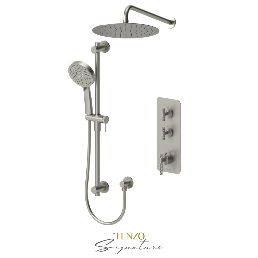 Tenzo Bellacio Extenza 2-Function Thermostatic Shower Kit, 12” AirBoost Rain Head, Larger Knurled - BET42-20112-C