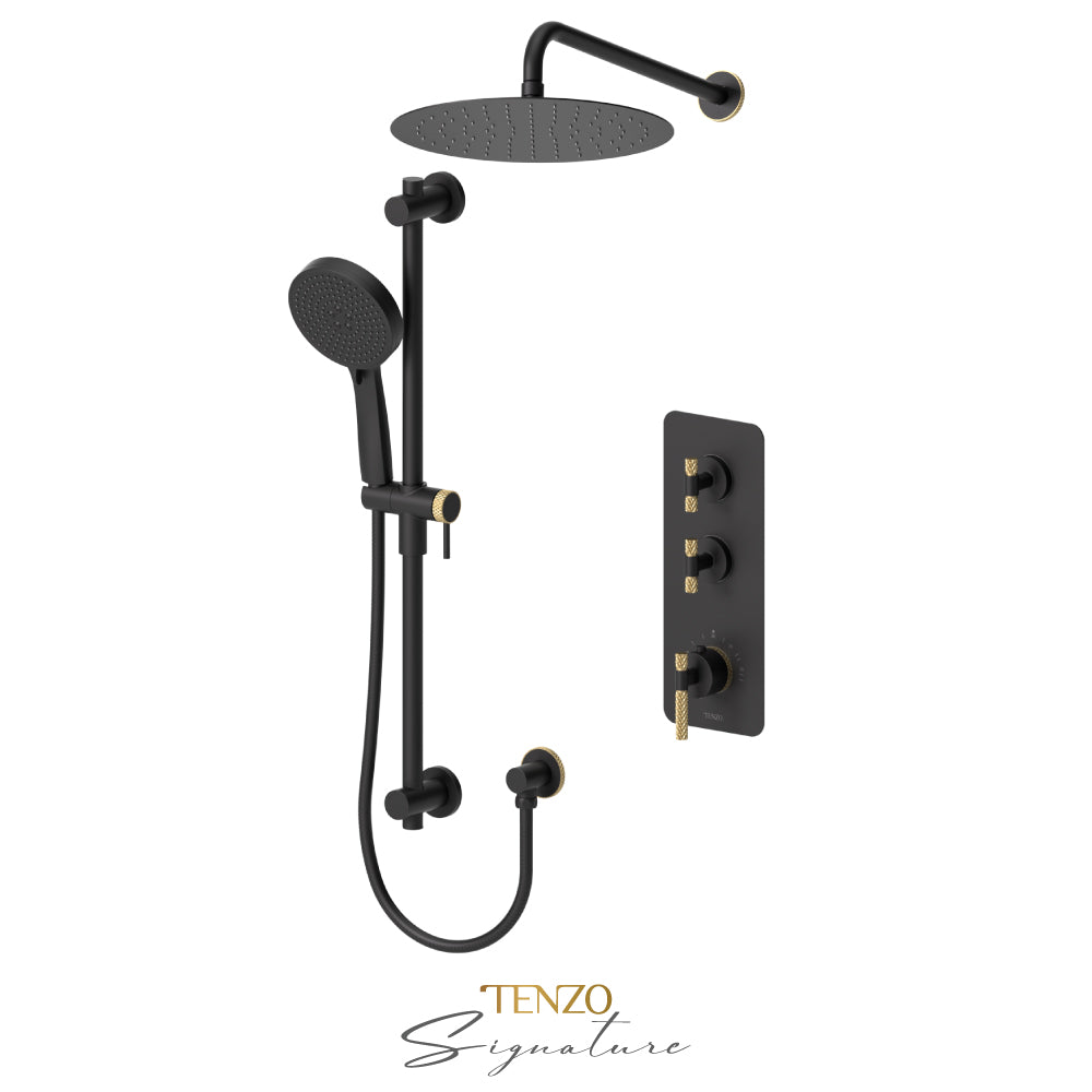 Tenzo Bellacio Extenza 2-Function Thermostatic Shower Kit, 12” AirBoost Rain Head, Larger Knurled - BET42-20112-C