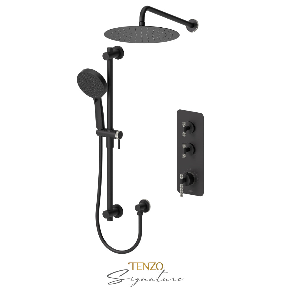 Tenzo Bellacio Extenza 2-Function Thermostatic Shower Kit, 12” AirBoost Rain Head, Larger Knurled - BET42-20112-C