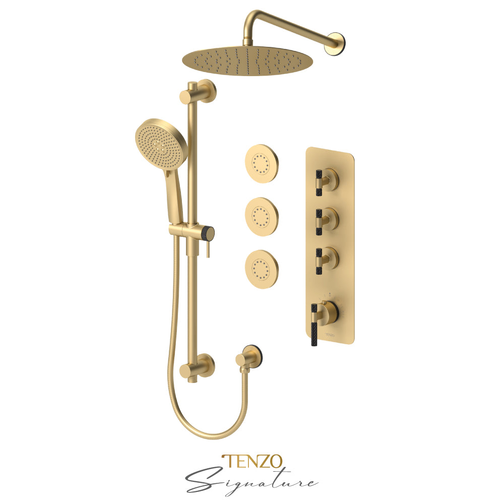Tenzo Bellacio Extenza 3-Function Thermostatic Shower Kit, 12” AirBoost Rain Head & 3 Body Jets, Larger Knurled - BET43-571112-C