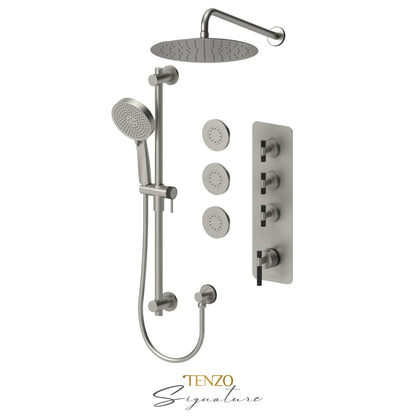 Tenzo Bellacio Extenza 3-Function Thermostatic Shower Kit, 12” AirBoost Rain Head & 3 Body Jets, Larger Knurled - BET43-571112-C