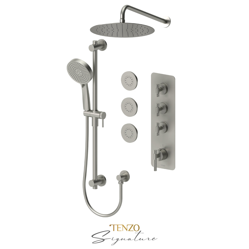 Tenzo Bellacio Extenza 3-Function Thermostatic Shower Kit, 12” AirBoost Rain Head & 3 Body Jets, Larger Knurled - BET43-571112-C