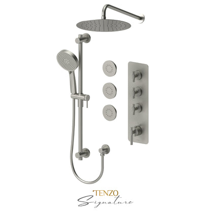 Tenzo Bellacio Extenza 3-Function Thermostatic Shower Kit, 12” AirBoost Rain Head & 3 Body Jets, Larger Knurled - BET43-571112-C