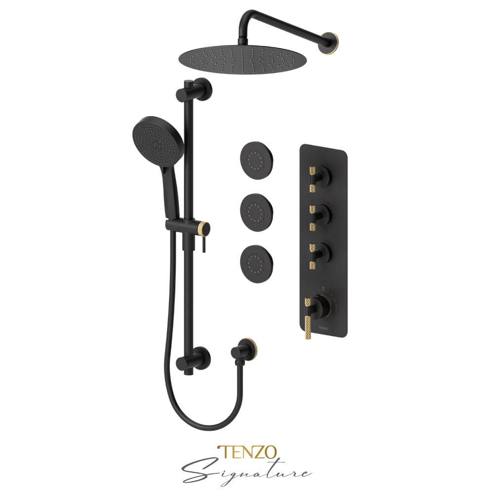 Tenzo Bellacio Extenza 3-Function Thermostatic Shower Kit, 12” AirBoost Rain Head & 3 Body Jets, Larger Knurled - BET43-571112-C