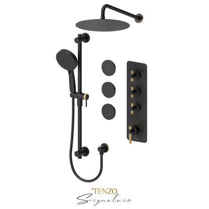 Tenzo Bellacio Extenza 3-Function Thermostatic Shower Kit, 12” AirBoost Rain Head & 3 Body Jets, Larger Knurled - BET43-571112-C