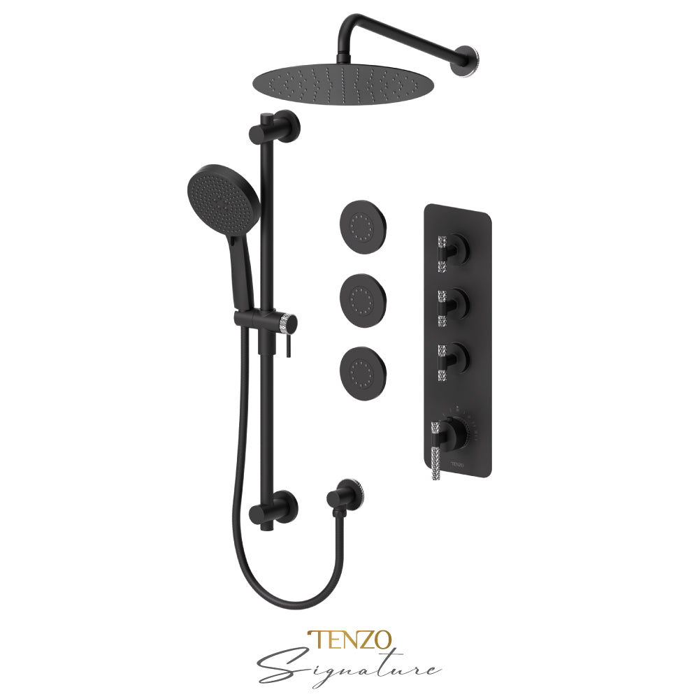 Tenzo Bellacio Extenza 3-Function Thermostatic Shower Kit, 12” AirBoost Rain Head & 3 Body Jets, Larger Knurled - BET43-571112-C