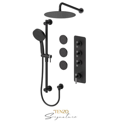 Tenzo Bellacio Extenza 3-Function Thermostatic Shower Kit, 12” AirBoost Rain Head & 3 Body Jets, Larger Knurled - BET43-571112-C
