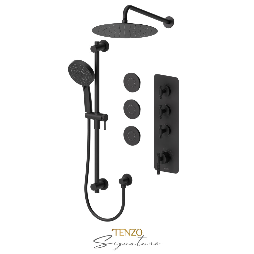 Tenzo Bellacio Extenza 3-Function Thermostatic Shower Kit, 12” AirBoost Rain Head & 3 Body Jets, Larger Knurled - BET43-571112-C