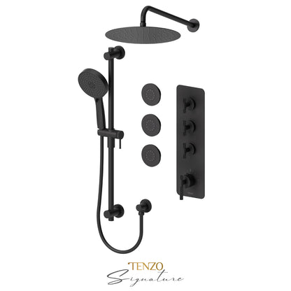 Tenzo Bellacio Extenza 3-Function Thermostatic Shower Kit, 12” AirBoost Rain Head & 3 Body Jets, Larger Knurled - BET43-571112-C