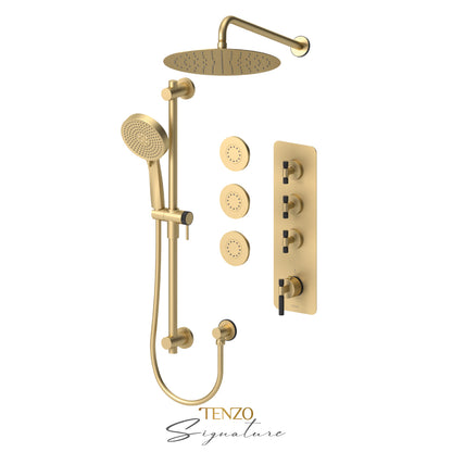 Tenzo Bellacio Extenza 3-Function Thermostatic Shower Kit, 12” AirBoost Rain Head & 3 Body Jets, Smaller Knurled - BET43-571112-F