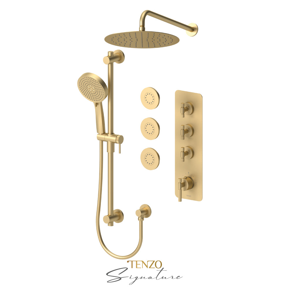 Tenzo Bellacio Extenza 3-Function Thermostatic Shower Kit, 12” AirBoost Rain Head & 3 Body Jets, Smaller Knurled - BET43-571112-F