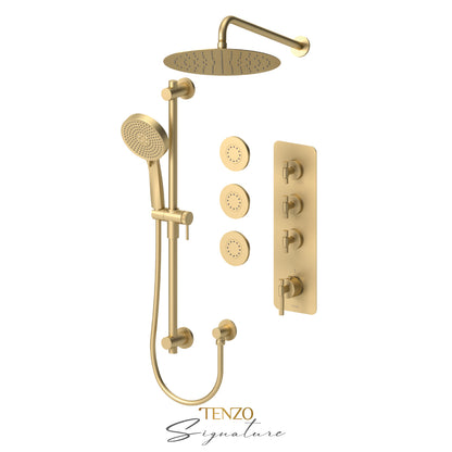 Tenzo Bellacio Extenza 3-Function Thermostatic Shower Kit, 12” AirBoost Rain Head & 3 Body Jets, Smaller Knurled - BET43-571112-F