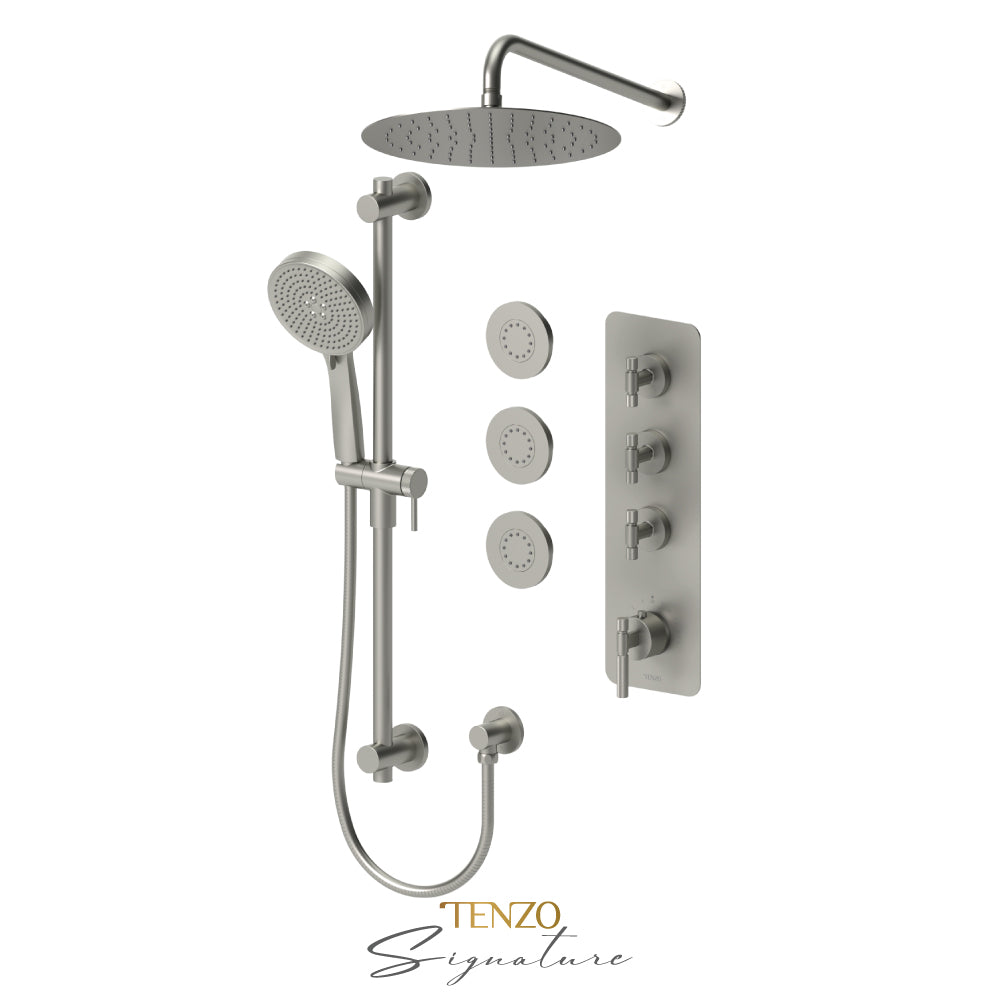 Tenzo Bellacio Extenza 3-Function Thermostatic Shower Kit, 12” AirBoost Rain Head & 3 Body Jets, Smaller Knurled - BET43-571112-F