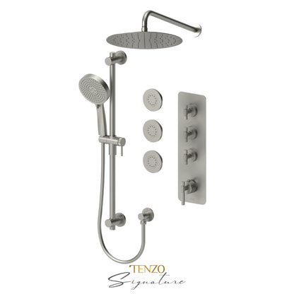Tenzo Bellacio Extenza 3-Function Thermostatic Shower Kit, 12” AirBoost Rain Head & 3 Body Jets, Smaller Knurled - BET43-571112-F