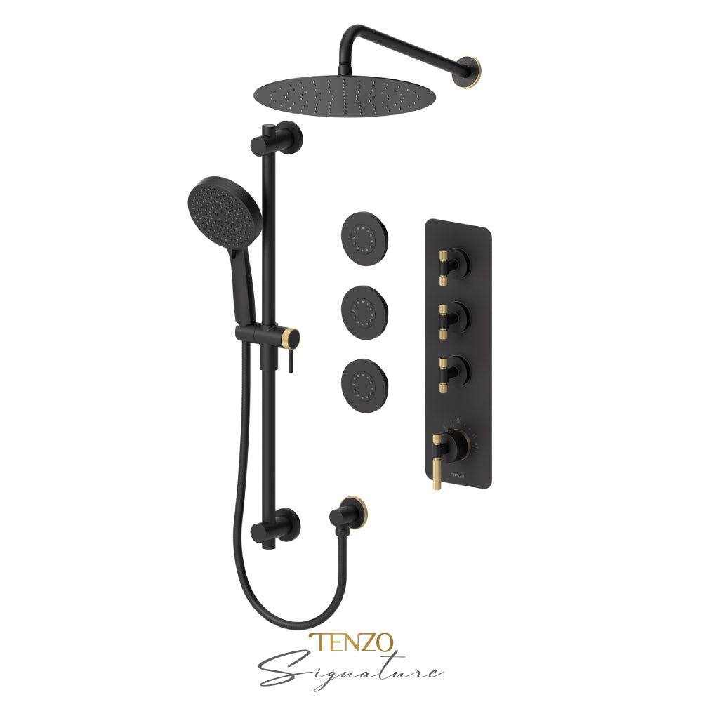 Tenzo Bellacio Extenza 3-Function Thermostatic Shower Kit, 12” AirBoost Rain Head & 3 Body Jets, Smaller Knurled - BET43-571112-F
