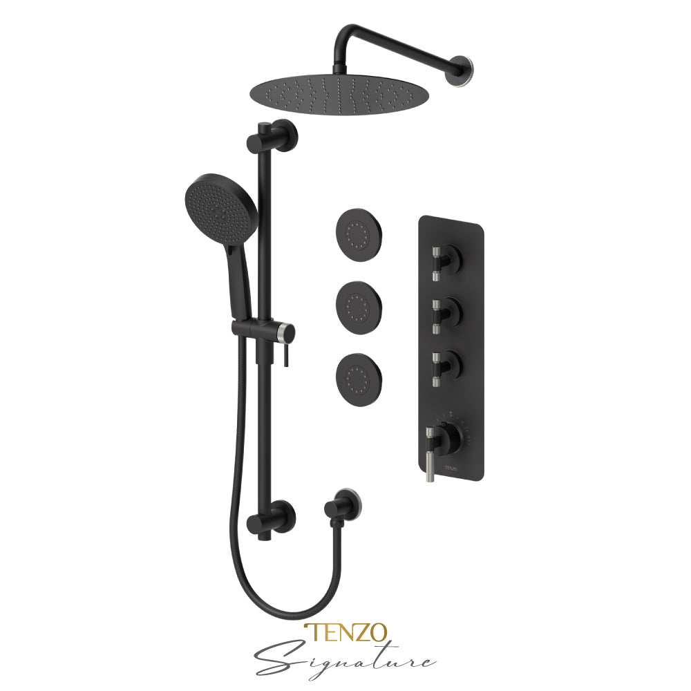 Tenzo Bellacio Extenza 3-Function Thermostatic Shower Kit, 12” AirBoost Rain Head & 3 Body Jets, Smaller Knurled - BET43-571112-F