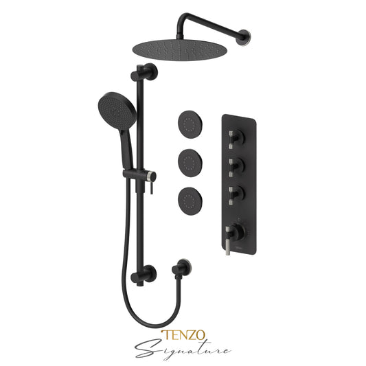 Tenzo Bellacio Extenza 3-Function Thermostatic Shower Kit Trim, 12" AirBoost Rain Head & 3 Body Jets, Smaller Knurled - F-BET43-571112-F