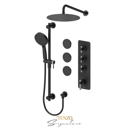Tenzo Bellacio Extenza 3-Function Thermostatic Shower Kit, 12” AirBoost Rain Head & 3 Body Jets, Smaller Knurled - BET43-571112-F