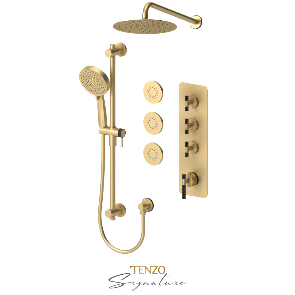 Tenzo Bellacio Extenza 3-Function Thermostatic Shower Kit, 10” AirBoost Rain Head & 3 Body Jets, Larger Knurled - BET43-571168-C