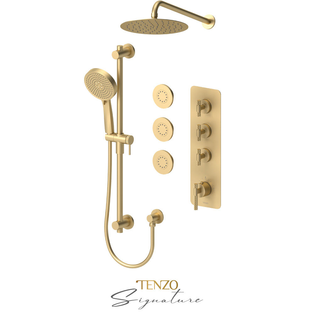 Tenzo Bellacio Extenza 3-Function Thermostatic Shower Kit, 10” AirBoost Rain Head & 3 Body Jets, Larger Knurled - BET43-571168-C