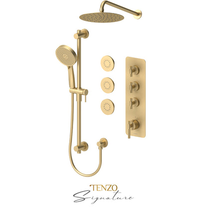 Tenzo Bellacio Extenza 3-Function Thermostatic Shower Kit, 10” AirBoost Rain Head & 3 Body Jets, Larger Knurled - BET43-571168-C