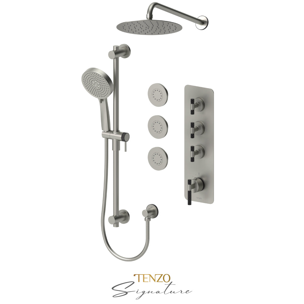 Tenzo Bellacio Extenza 3-Function Thermostatic Shower Kit, 10” AirBoost Rain Head & 3 Body Jets, Larger Knurled - BET43-571168-C
