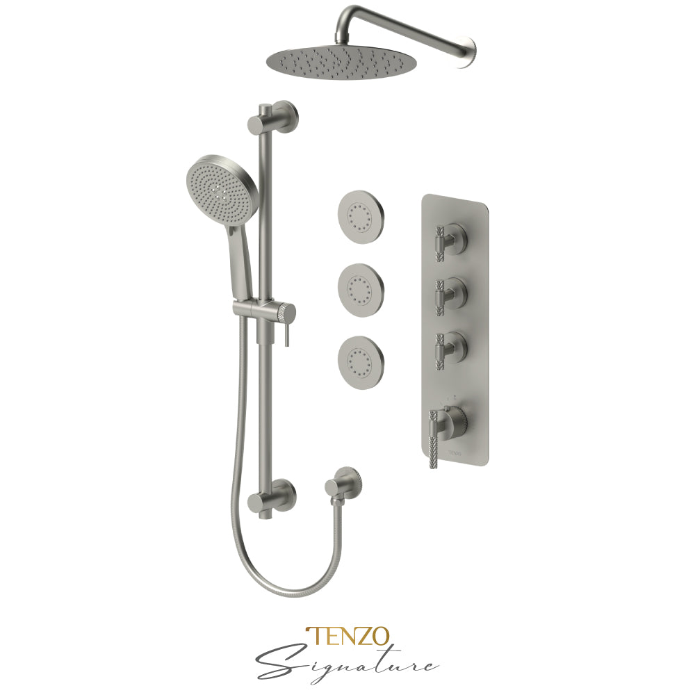 Tenzo Bellacio Extenza 3-Function Thermostatic Shower Kit, 10” AirBoost Rain Head & 3 Body Jets, Larger Knurled - BET43-571168-C