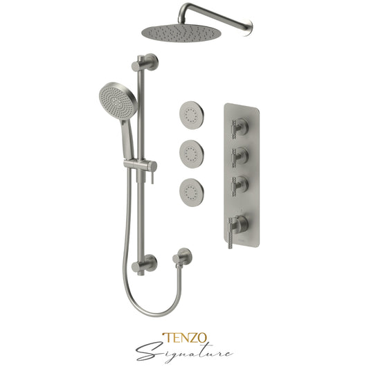Tenzo Bellacio Extenza 3-Function Thermostatic Shower Kit Trim, 10" AirBoost Rain Head & 3 Body Jets, Larger Knurled - F-BET43-571168-C