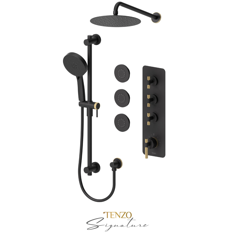 Tenzo Bellacio Extenza 3-Function Thermostatic Shower Kit, 10” AirBoost Rain Head & 3 Body Jets, Larger Knurled - BET43-571168-C