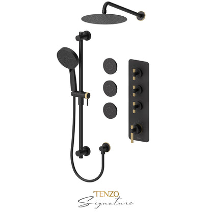 Tenzo Bellacio Extenza 3-Function Thermostatic Shower Kit, 10” AirBoost Rain Head & 3 Body Jets, Larger Knurled - BET43-571168-C