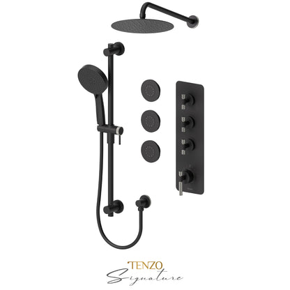 Tenzo Bellacio Extenza 3-Function Thermostatic Shower Kit, 10” AirBoost Rain Head & 3 Body Jets, Larger Knurled - BET43-571168-C