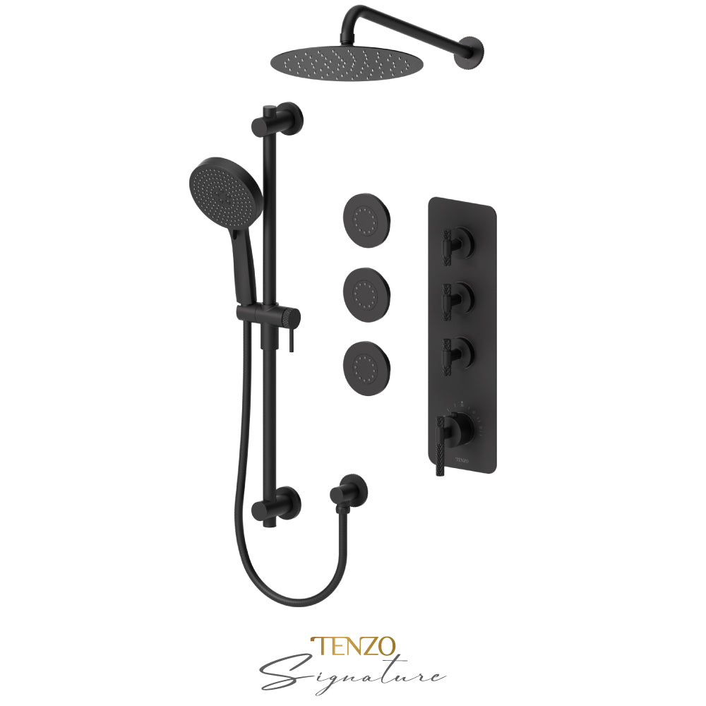 Tenzo Bellacio Extenza 3-Function Thermostatic Shower Kit, 10” AirBoost Rain Head & 3 Body Jets, Larger Knurled - BET43-571168-C