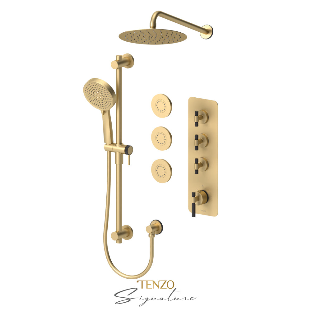 Tenzo Bellacio Extenza 3-Function Thermostatic Shower Kit, 10” AirBoost Rain Head & 3 Body Jets, Smaller Knurled - BET43-571168-F