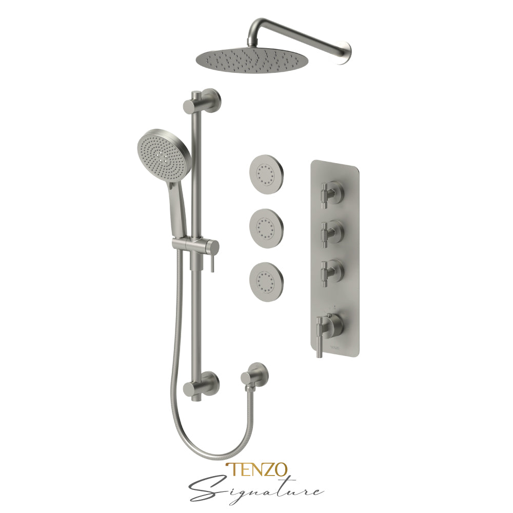 Tenzo Bellacio Extenza 3-Function Thermostatic Shower Kit, 10” AirBoost Rain Head & 3 Body Jets, Smaller Knurled - BET43-571168-F