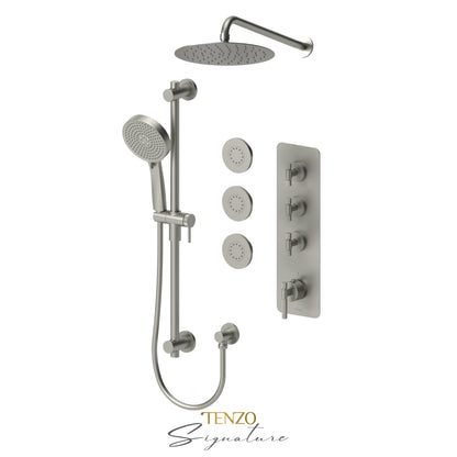 Tenzo Bellacio Extenza 3-Function Thermostatic Shower Kit, 10” AirBoost Rain Head & 3 Body Jets, Smaller Knurled - BET43-571168-F