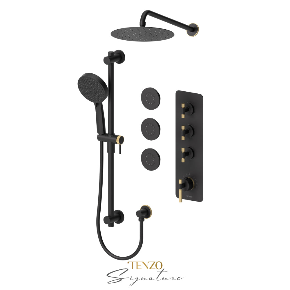 Tenzo Bellacio Extenza 3-Function Thermostatic Shower Kit, 10” AirBoost Rain Head & 3 Body Jets, Smaller Knurled - BET43-571168-F