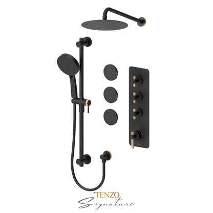 Tenzo Bellacio Extenza 3-Function Thermostatic Shower Kit, 10” AirBoost Rain Head & 3 Body Jets, Smaller Knurled - BET43-571168-F