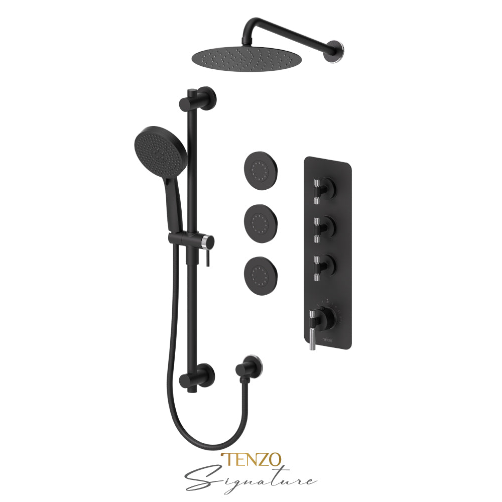 Tenzo Bellacio Extenza 3-Function Thermostatic Shower Kit, 10” AirBoost Rain Head & 3 Body Jets, Smaller Knurled - BET43-571168-F
