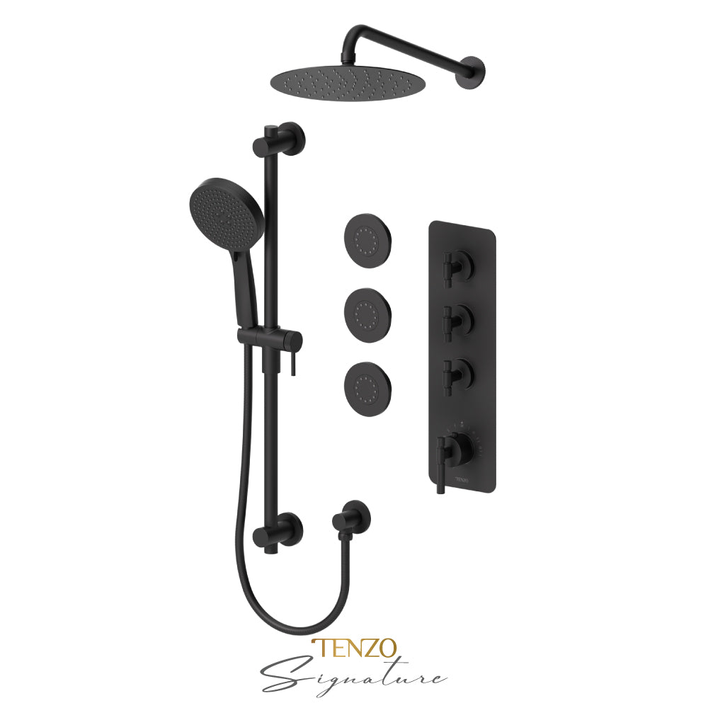 Tenzo Bellacio Extenza 3-Function Thermostatic Shower Kit, 10” AirBoost Rain Head & 3 Body Jets, Smaller Knurled - BET43-571168-F