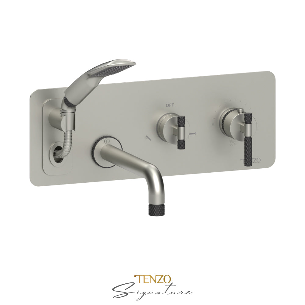 Tenzo Bellacio Wall Mount Thermostatic Tub Filler With Hand Shower, Rough & Trim, Larger Knurled - BET73-C