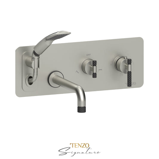 Tenzo Bellacio Wall Mount Thermostatic Tub Filler With Hand Shower, Rough & Trim, Larger Knurled - BET73-C