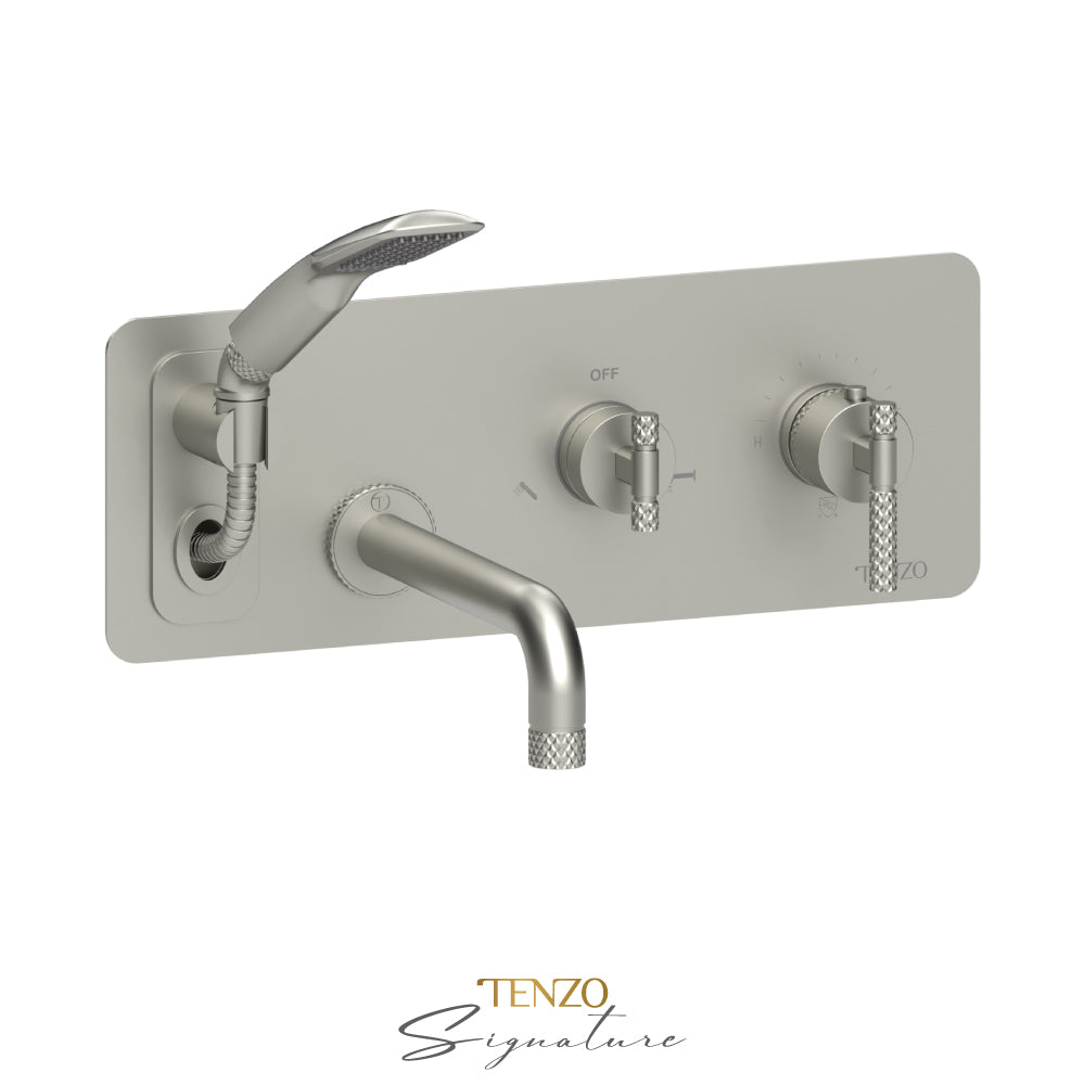 Tenzo Bellacio Wall Mount Thermostatic Tub Filler With Hand Shower, Rough & Trim, Larger Knurled - BET73-C