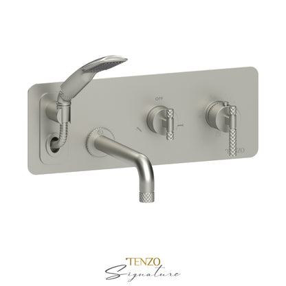 Tenzo Bellacio Wall Mount Thermostatic Tub Filler With Hand Shower, Rough & Trim, Larger Knurled - BET73-C