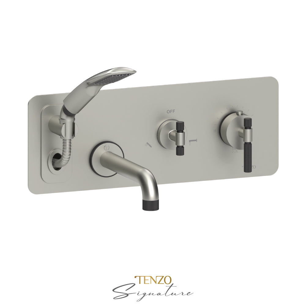 Tenzo Bellacio Wall Mount Thermostatic Tub Filler With Hand Shower, Rough & Trim, Smaller Knurled - BET73-F