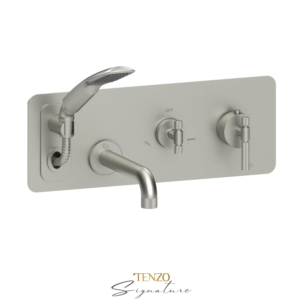 Tenzo Bellacio Wall Mount Thermostatic Tub Filler With Hand Shower, Rough & Trim, Smaller Knurled - BET73-F