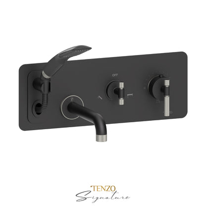 Tenzo Bellacio Wall Mount Thermostatic Tub Filler With Hand Shower, Rough & Trim, Smaller Knurled - BET73-F